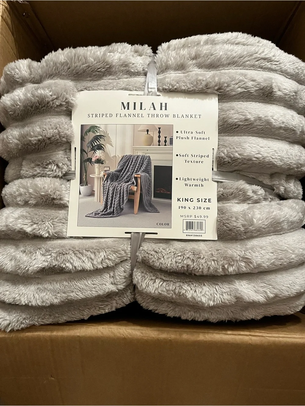 Milah Soft Striped Flannel Throw Blanket - Light Gray